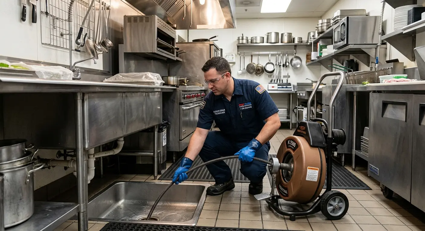 Commercial drain cleaning service in a restaurant kitchen in Belfast