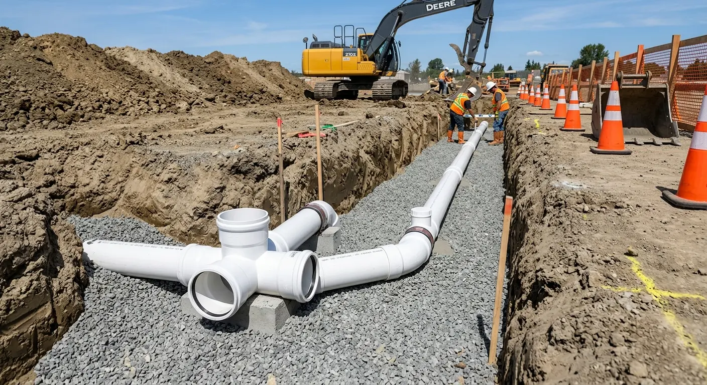 New PVC sewer pipe installation in open trench for Commercial Drain Cleaning in Belfast